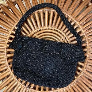 Vintage 1940s Ornately Hand-Beaded Black Sparkly Top Handle Evening Bag
